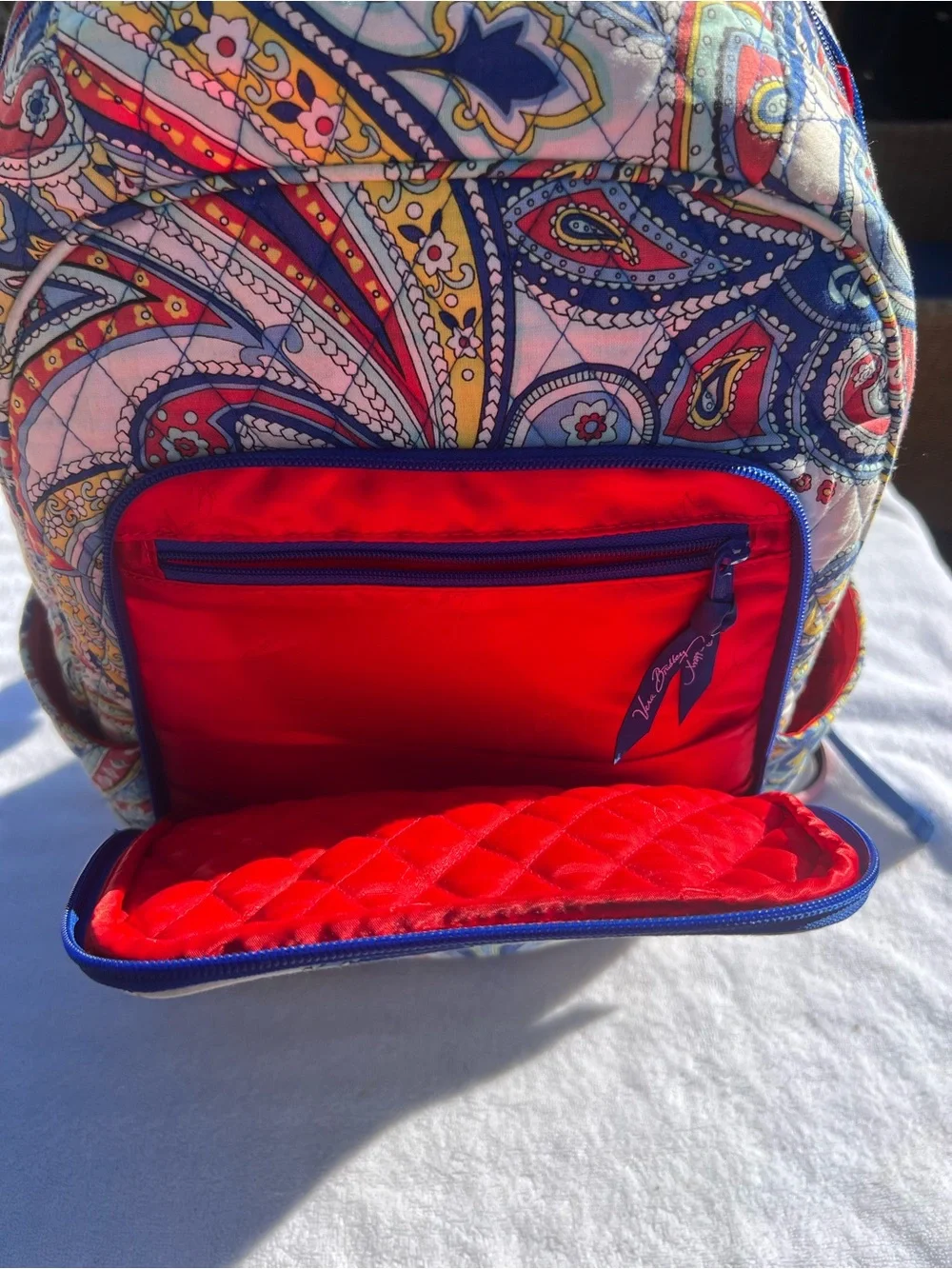 Vera Bradley Paisley Quilted Backpack in Blue, Yellow & Red